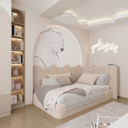Modern bedroom with a bed, shelves, and decorative wall art.